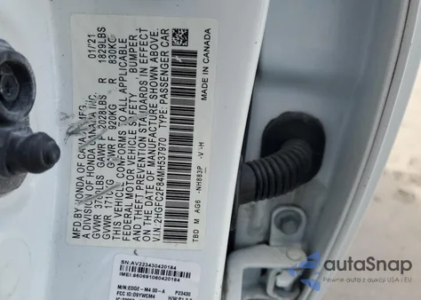 2021 Honda Civic Sport z USA, uszkodzony, nr VIN 2HGFC2F84MH537970